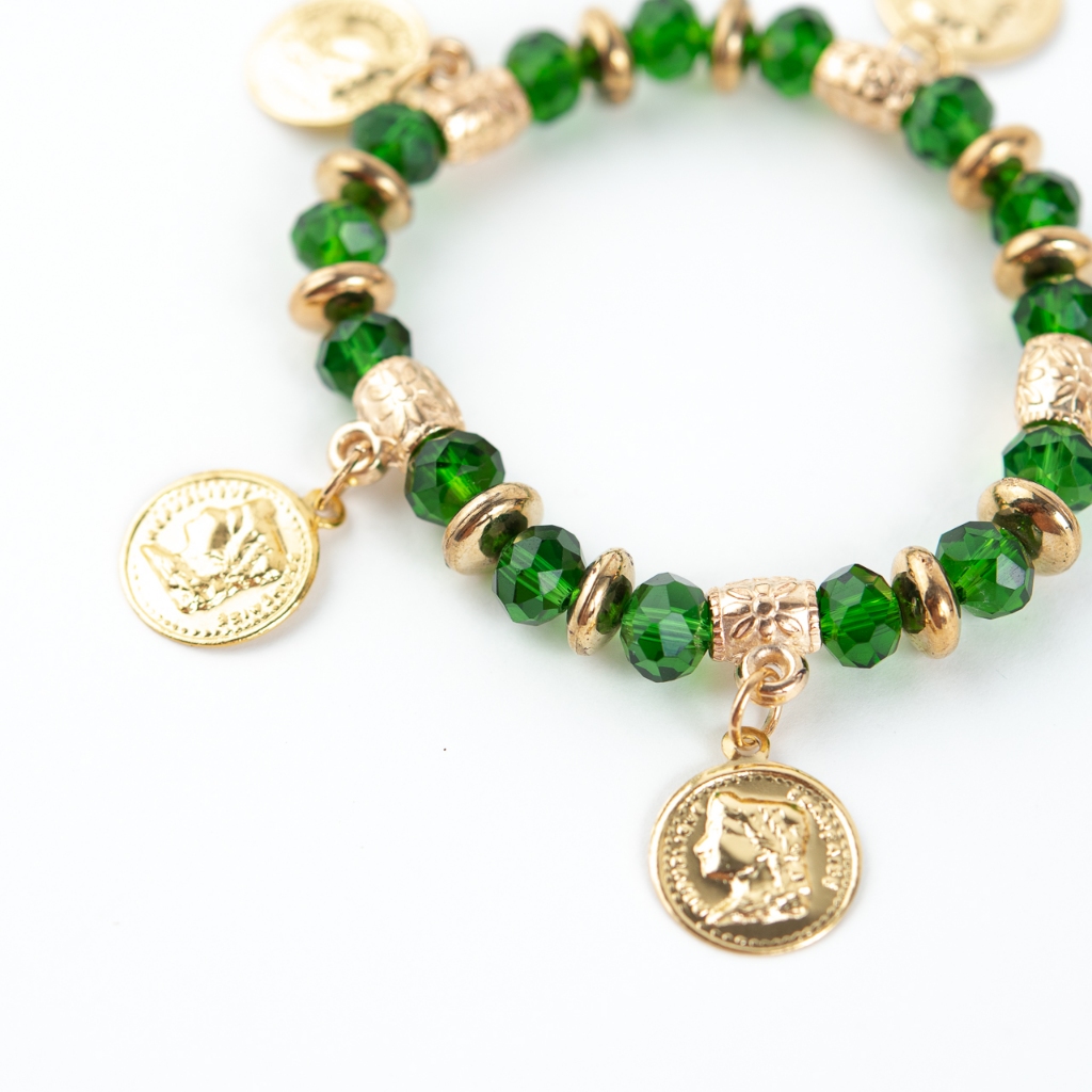 Pulseira Cigana Verde Esmeralda Cristal Silicone Moedas