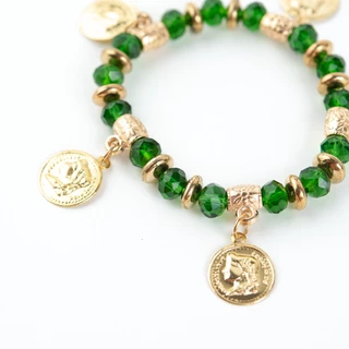Pulseira Cigana Verde Esmeralda Cristal Silicone Moedas
