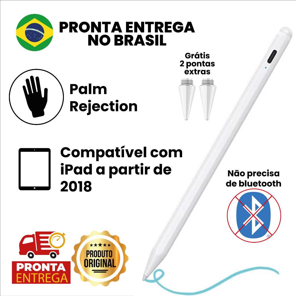 2024 Caneta Pencil Ativa com Palm Rejection para Apple iPad, Pro, Mini, Air