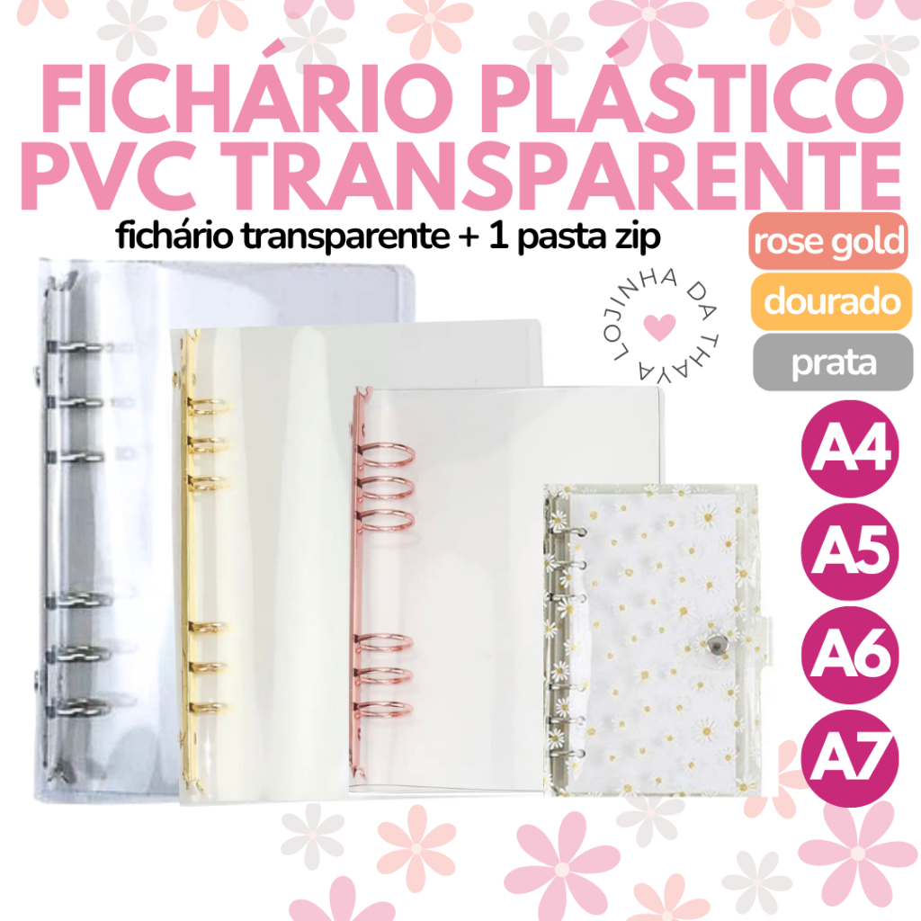 fichário transparente pvc binder plástico maleável prata rose gold dourado margarida glitter A4 A5 A6 A7 e 1 pasta zip