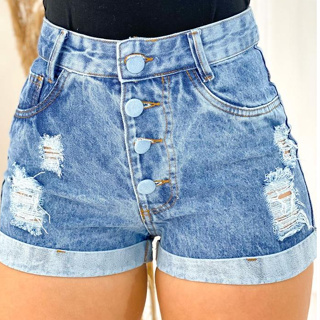 Short Jeans Feminino 4 Botões Coberto Rasgado Barra Dobrada Levanta Bumbum 1 Bolso Desfiado Bermuda da Moda Sex
