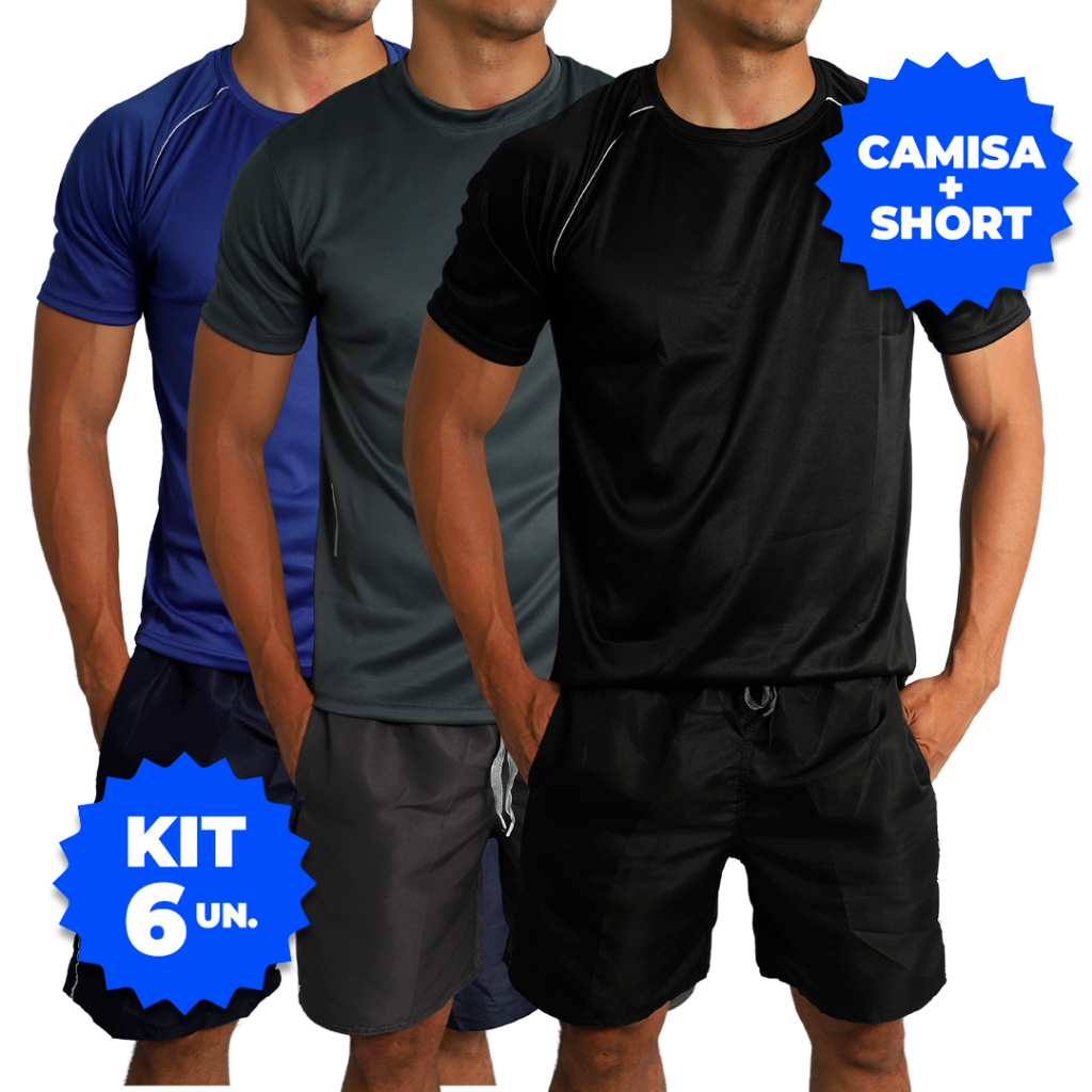 Camisa Dry Fit Com Bermuda Tactel Masculina 6 Peças Short Academia - Corrida - Esportes