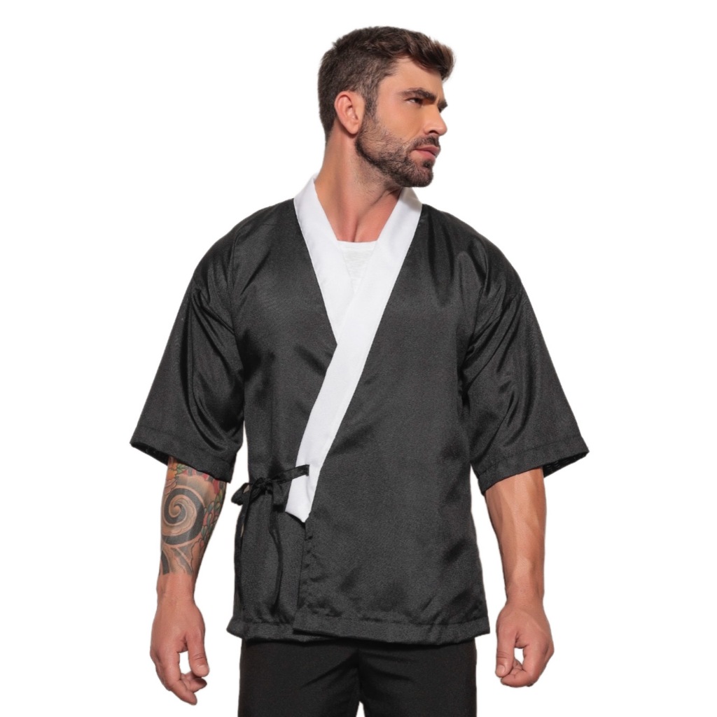 Jaleco Chef Kimono Oxford Preto Sushiman Osaka Gardenia Jale