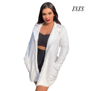 Casaco Feminino De Inverno Pelinho Teddy Max Sobretudo Longo Sem Capuz