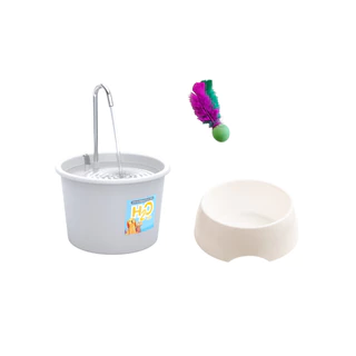 Fonte Bebedouro H2O Plus WHITE EDITION BIVOLT + Comedouro + Pong com Pena para Gatos e Cães