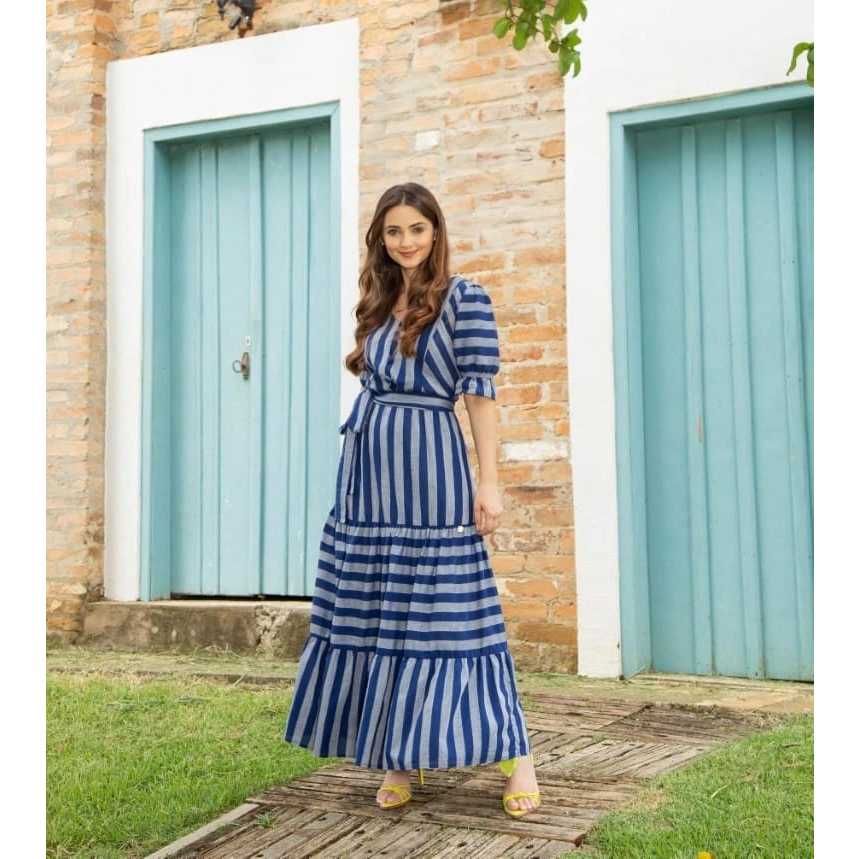 Moda Evangelica Vestido Listrado Com Babado Vestido Listrado Azul