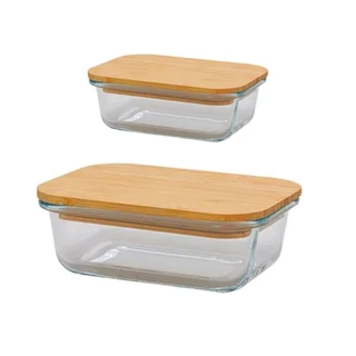 Kit 2 Unidade Pote de Vidro retangular com tampa de bambu 635ml