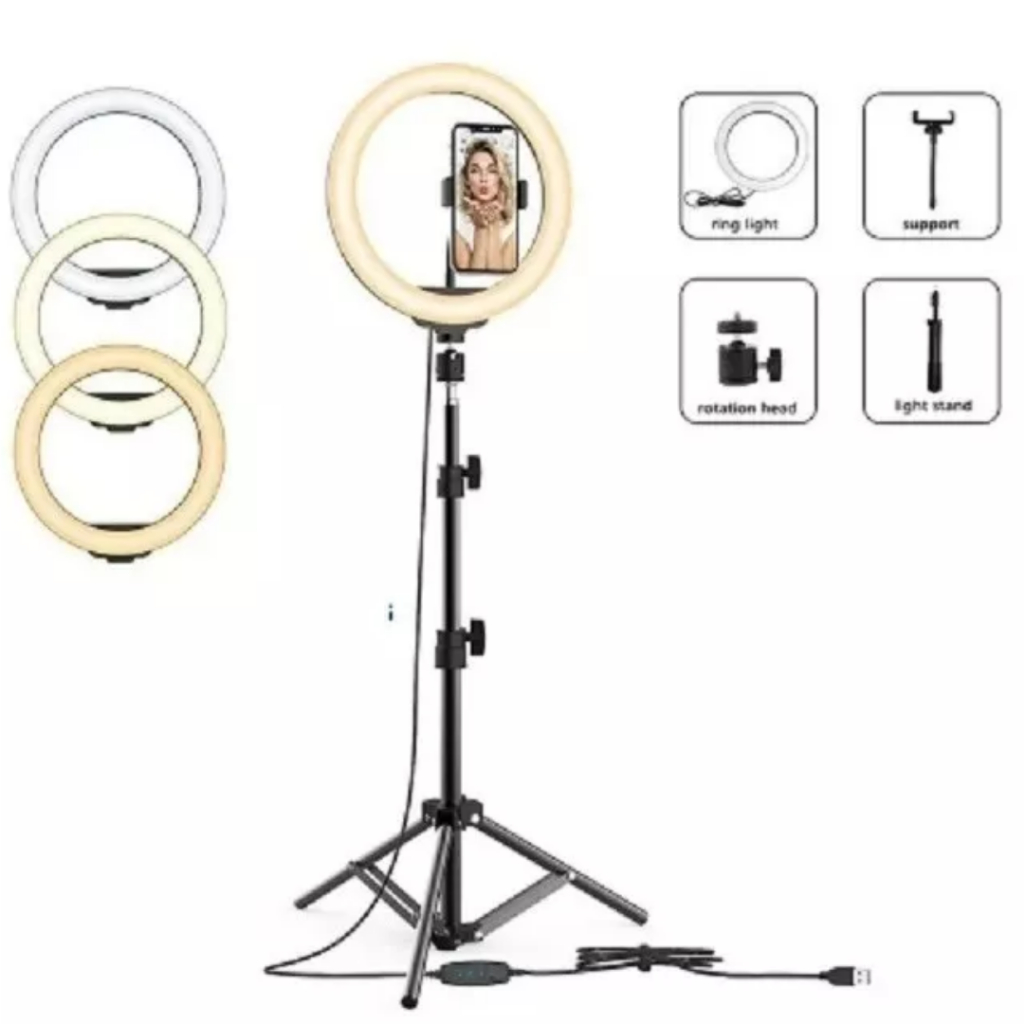 Ring Light Iluminador Led Profissional 10 polegadas 26cm Tripé 210cm Três Cores 110v/220v