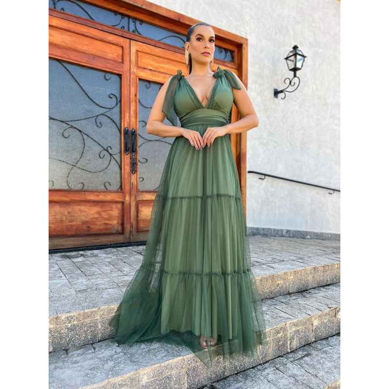 VESTIDO DE FESTA LONGO MADRINHA FORMANDA CASAMENTO TULE TENDÊNCIA MADRI