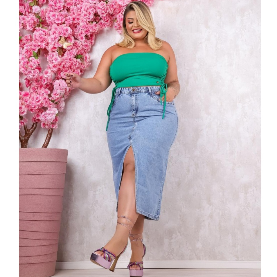 SAIA PLUS SIZE JEANS MIDI FEMININA FENDA FRONTAL Shopee Brasil