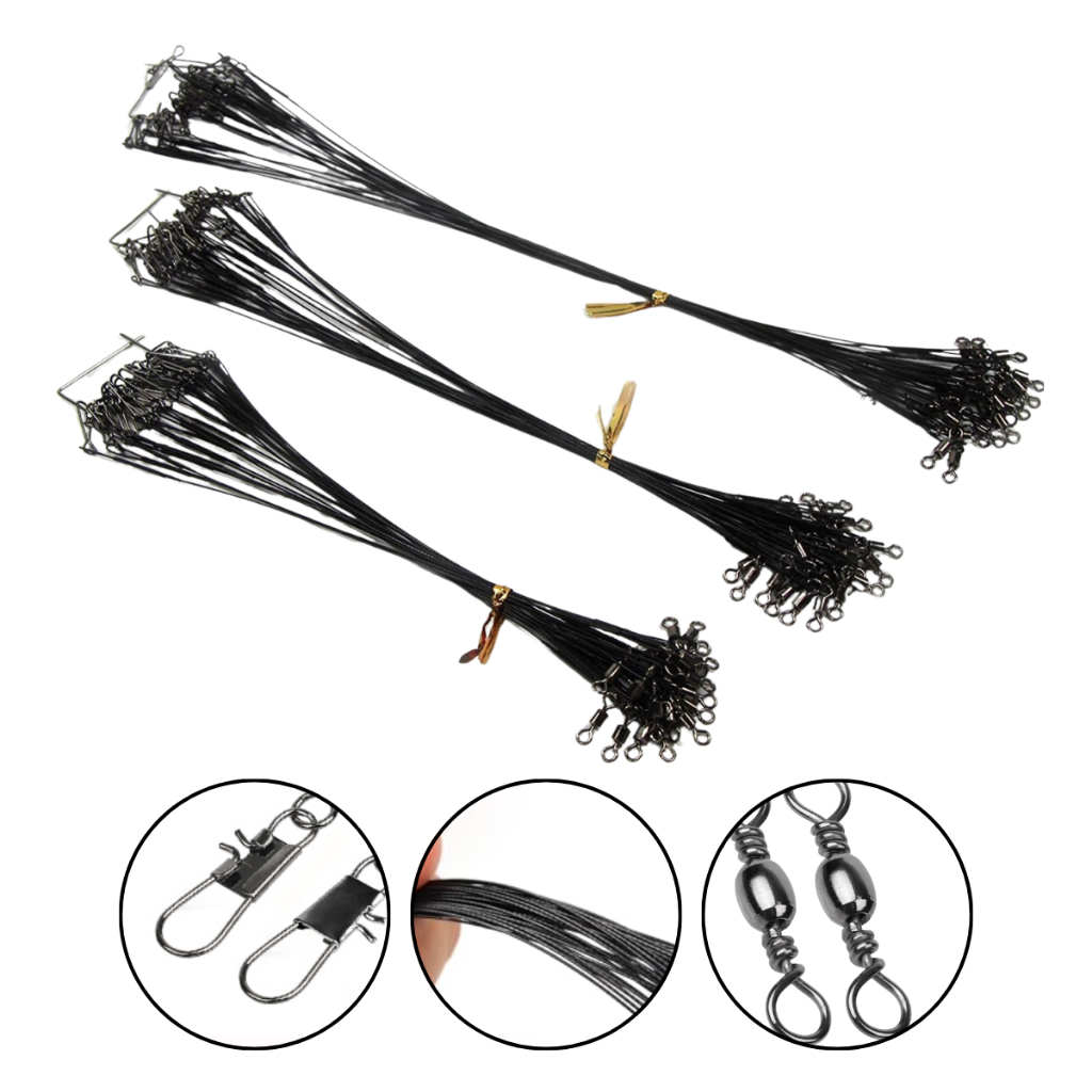 Kit 60 peças Chicote de Pesca Leader Cabo Aço Com Snap Encastoado Girador