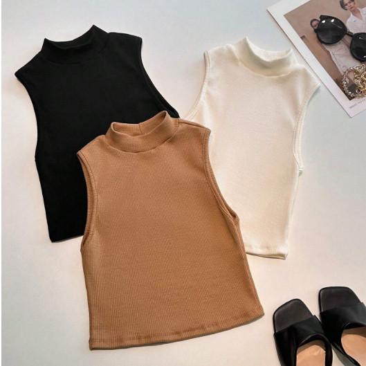 Kit 3pcs Regata Camiseta Basica Ribana Cropped Gola Alta Sem Manga Simples Blusa