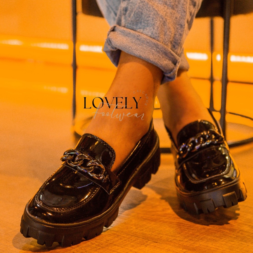Sapato Tratorado Mocassim Feminino Preto Verniz Sapato Mocassim