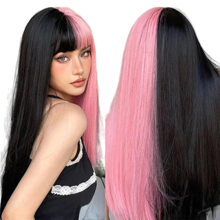 Peruca Anime Cosplay Personagem Rose - Rosa COM preto LONGA LISA OU ONDULADA FIBRA BIO ORGÂNICA