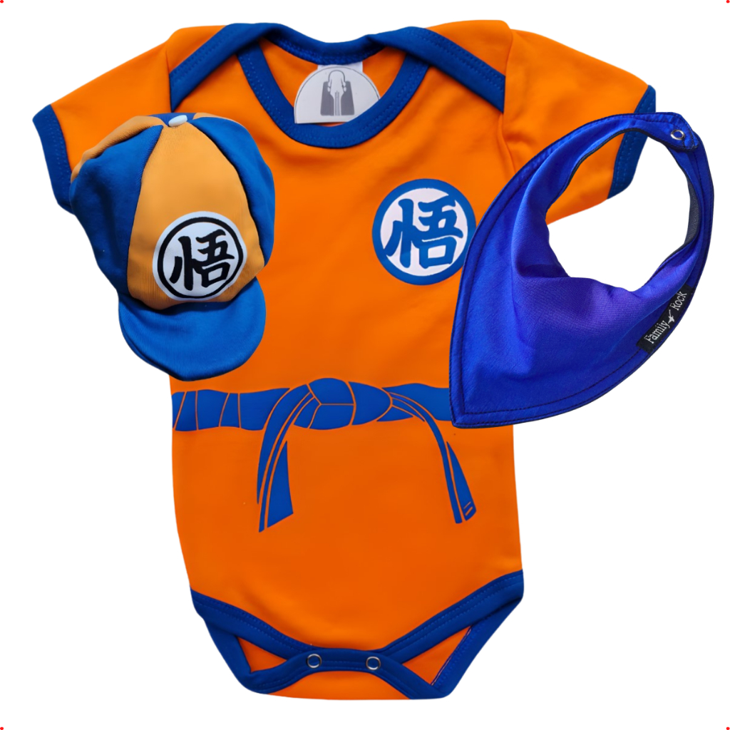 Kit Body Bebê Mesversário Goku Dragon Ball+ boina + babador Bandana ...