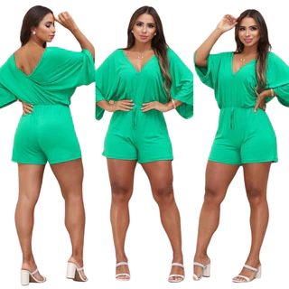 Macaquinho Manga Flare Gola V Moda Casual Tendência Moda Feminina Lançamento Verão Romantic Malha Fria