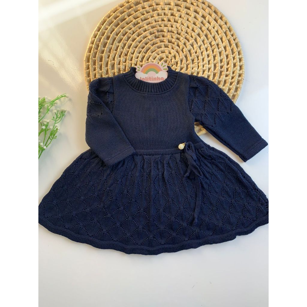 Vestido Tricô Infantil Bebê Menina Festa Manga Longa Tricot