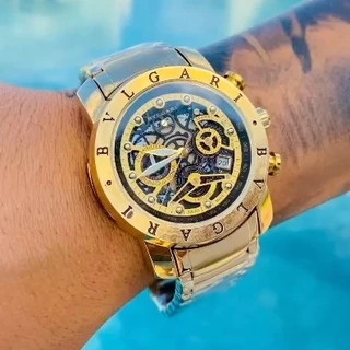Relógio Masculino SKELETON Dourado e Prateado Banhado á Ouro 18K Aço Inoxidável á PROVA D'ÁGUA