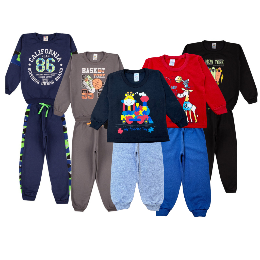 Kit 4 peças moletom flanelado sortido infantil 2 calças e 2 blusas roupa de inverno menino ou menina capote de frio manga longa comprido