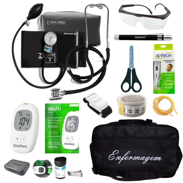 Kit De Enfermagem Preto Com Glicossímetro Completo