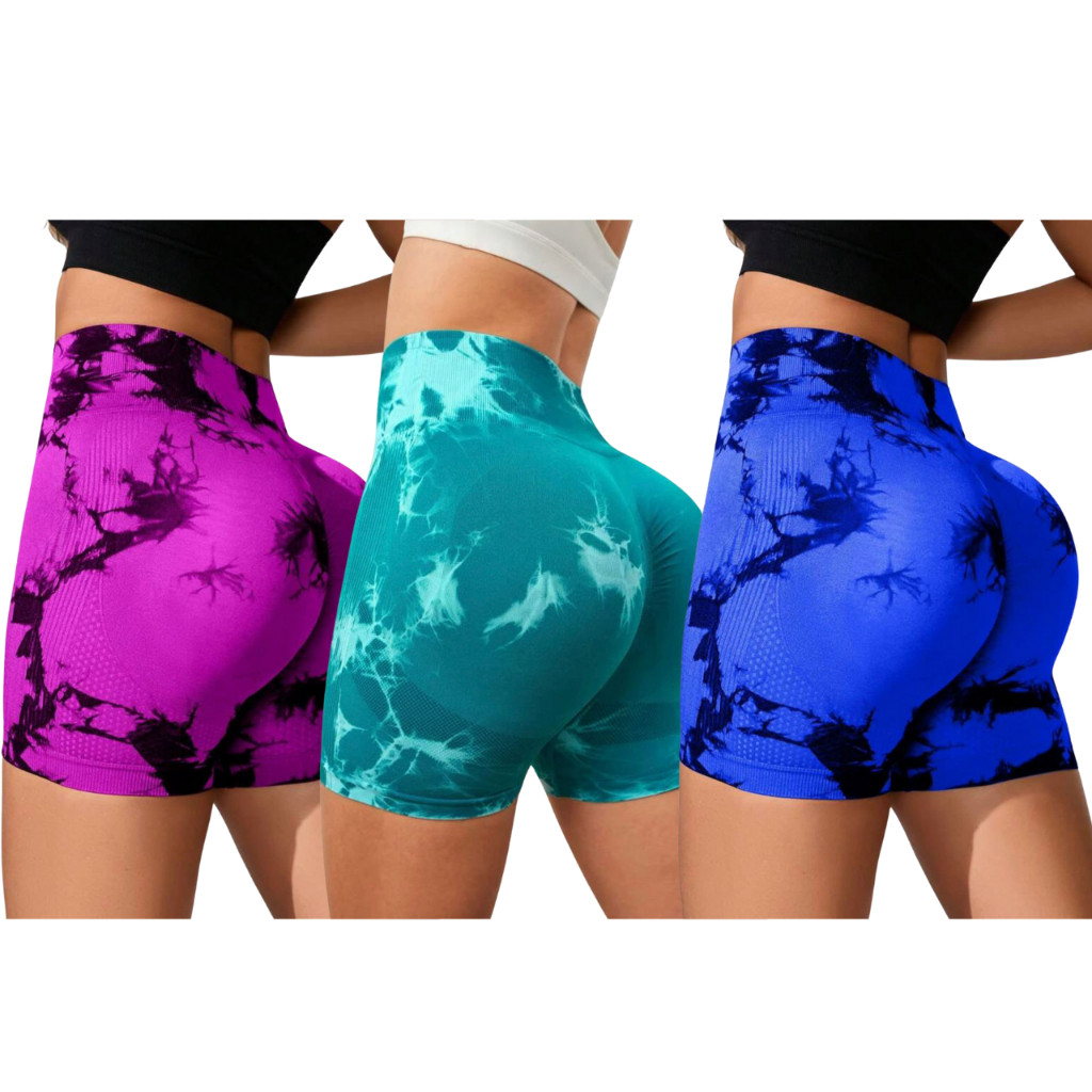 Kit 3 Short Legging Tie-Dye Para Academia Fitness De Cintura Alta
