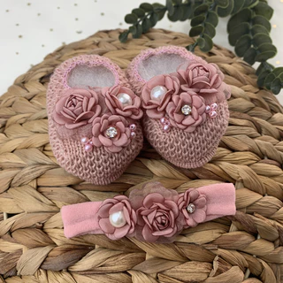 Conjunto Sapatinho Tricô Com Faixinha Cabelo Para Bebês Menina