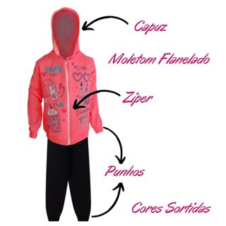 Conjunto Moletom Infantil Juvenil Feminino Blusa e Calça Flanelado Agasalho menina capuz ziper punho, tamanhos 10-16