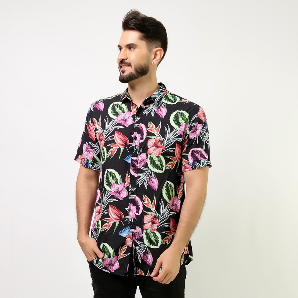 Camisa Social Masculino Floral Manga Curta verão