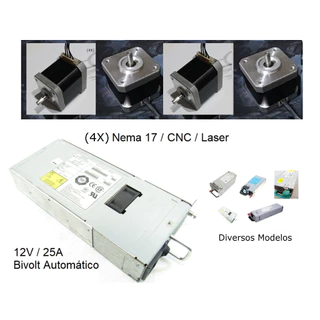 (4X) Motor de Passo Nema 17 6Kg / 4Kg + Fonte 12V 300W / Kit CNC / Laser / Automação