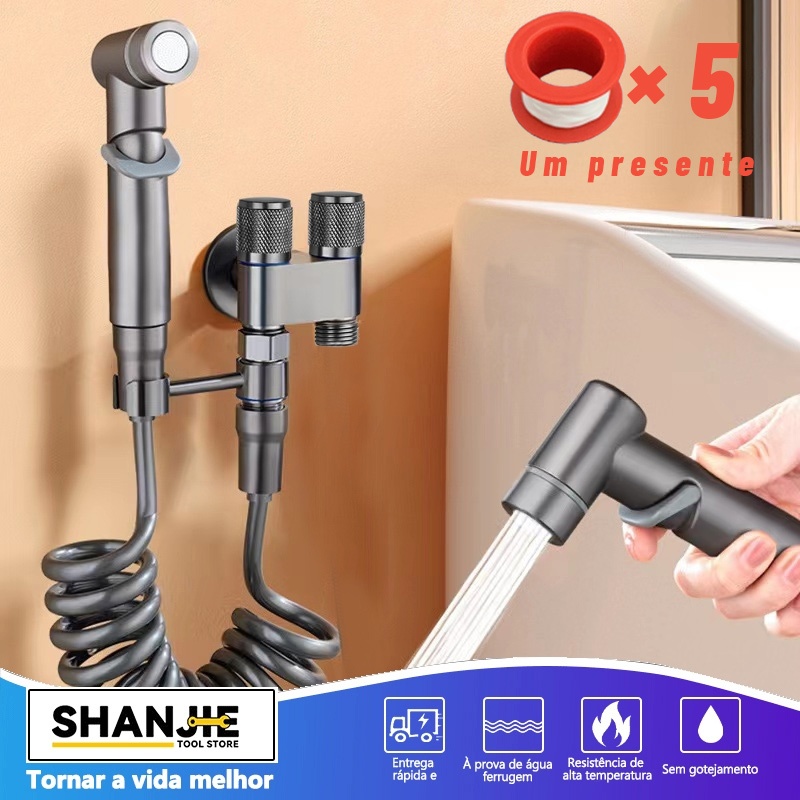 Kit Ducha Higiênica Com Registro em Aço Escovado 304 Válvula Dupla Saída 1/2 Para Banheiro Cozinha Área De Serviço Lavabo Preto Ou Prata Com Derivação 2 Saídas Independentes