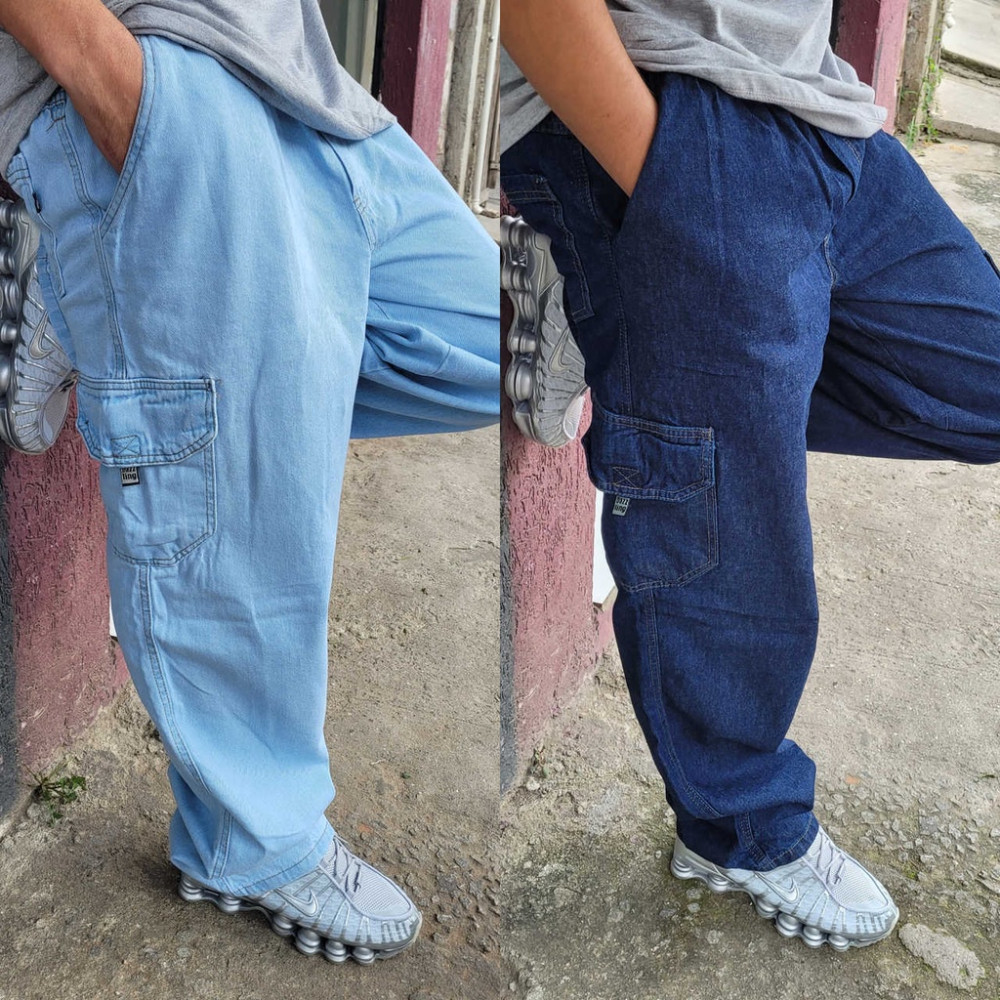 Calça Cargo Masculina Balão Jeans Elástico Cordão Moda Dazzling