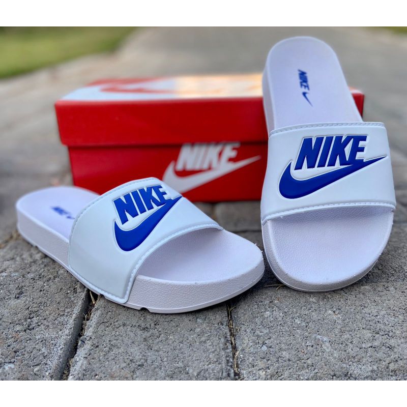 Nike slides cheap white and blue