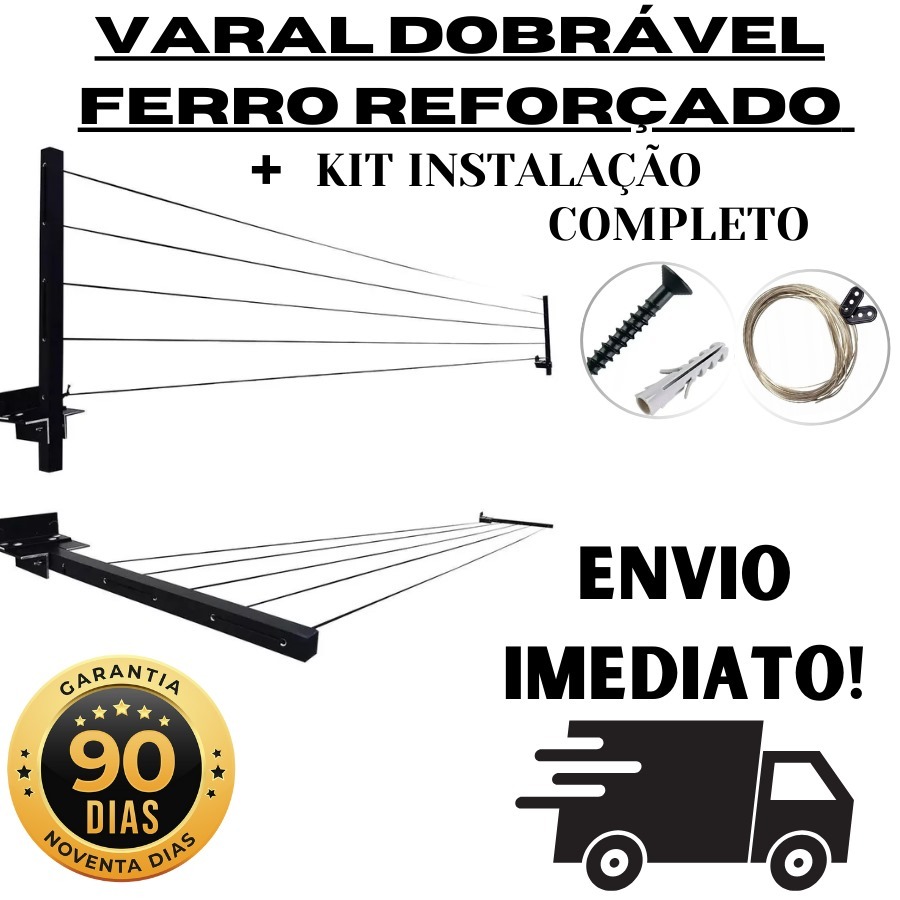 Varal Retrátil De Parede Ferro Reforçado Preto + KIT INSTALAÇÃO
