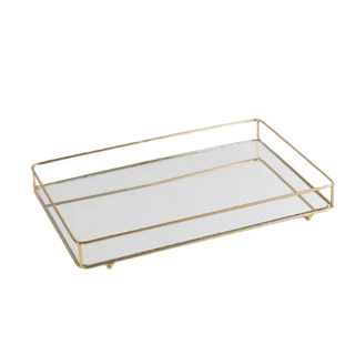 Bandeja Helô Dourada Decorativa de Metal e Base de Espelho 20x30cm para Organização de Ambientes