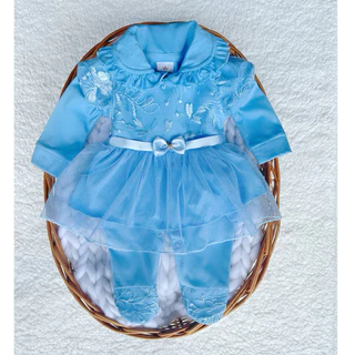 Macacão bebê menina com vestido em tule azul celeste