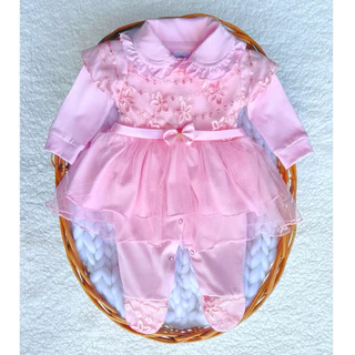 Macacão bebê menina com vestido tule rosa bebê