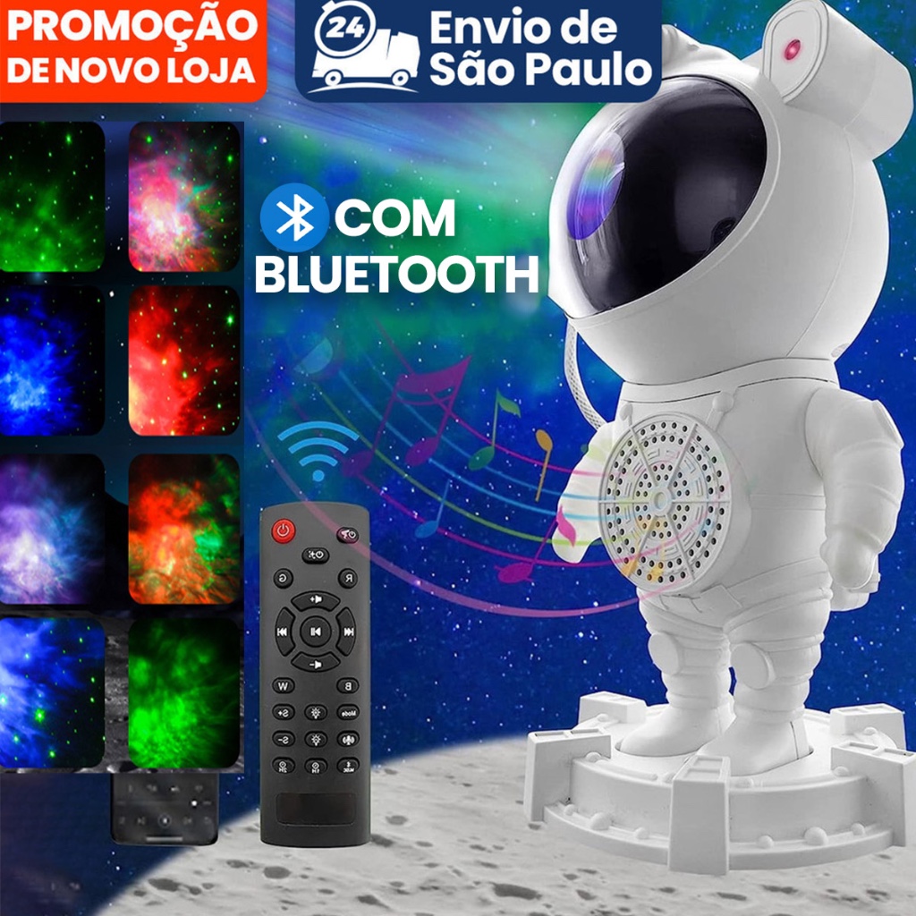 Luminária e Projetor De Estrelas e Lua Astronauta e Caixa de Som Bluetooth