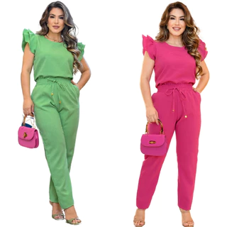 Kit 02 Peças Conjunto Feminino Casual Elegante Blusa Calça em Linho De Algodão com Babado Na Manga Cores Verão 2023 Roupa Feminina Social Festa Uniforme Fardamento Promoção Imperdível