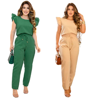Kit 02 Peças Conjunto Feminino De Calça Blusa Alfaiataria Casual Em Linho Uniforme Fardamento Scrub Roupa Feminina Moda Blogueira Oferta Exclusiva Imperdível