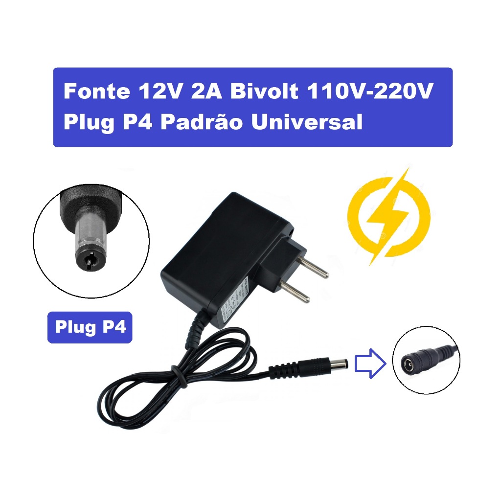 Fonte De Fita LED 12V 2A Plug P4 Universal Bivolt 110V-220V - Só a ...