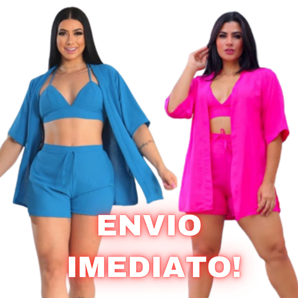 Conjunto Feminino Duna 3 Peças Kimono Short e Cropped Com Bojo Conjunto Duna Não Amassa