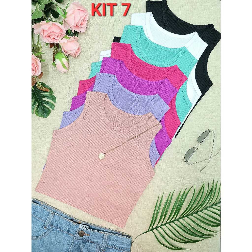 KIT7 Simples básico Regata & Camisa de malha canelada