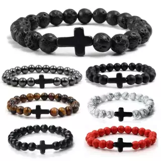 Pulseira Crucifixo Pedra Natural Vulcanica Howlita Hematita Olho de tigre Ajustável Fosca Brilhante Abs Cruz Unissex