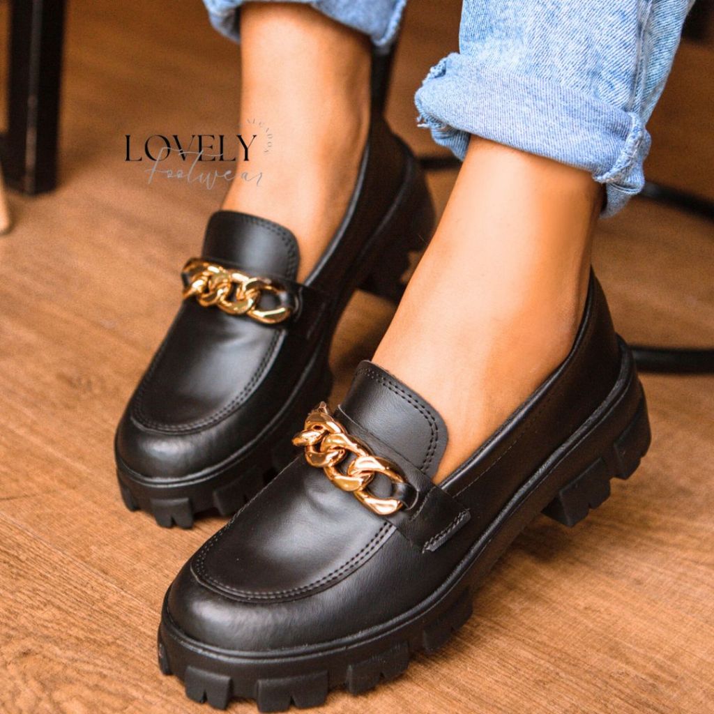 Mocassim Tratorado Feminino Corrente Preto Confortável