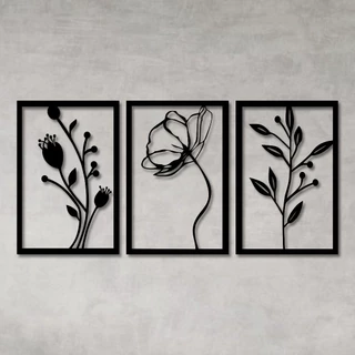 Kit Quadro Decorativo Vazado Conjunto Flor Flores Escultura de Parede MDF Preto