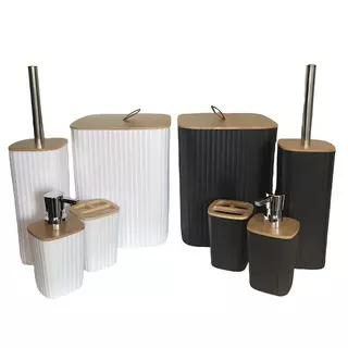 Kit Conjunto Banheiro com Lixeira Porta Escovas Dispenser De Sabonete Escova Sanitária 4 Peças Tampa Bambu