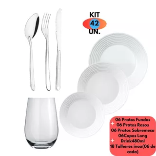 Aparelho de Jantar 42 Peças 18 Prato Vidro 6 Fundos + 6 Raso + 6 Sobremesa Saturno+ 6 Copos + 18 Talheres Inox Oriente Original Garfo Faca Colher Almoço Jogo