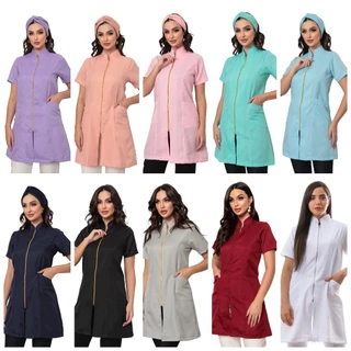 Jaleco Feminino Acinturado Oxford Gola Padre Ziper Manga Curta Várias Cores Malta