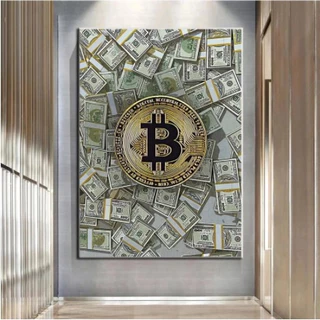 Quadro 1 Peça 40x60 Bitcoin pintura em tela dólar dinheiro arte da parede