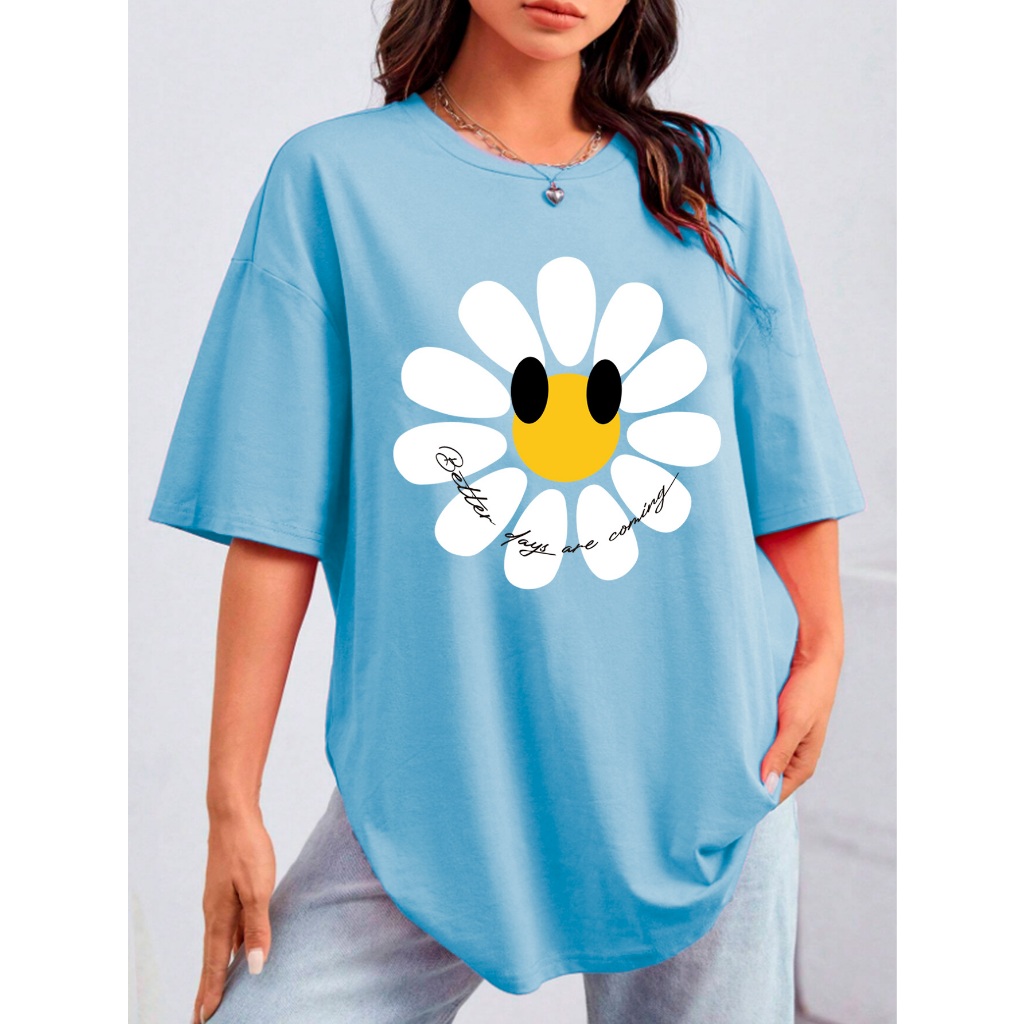 T Shirt Aesthetic Azul Bebê Moderna Dia Noite Barata Personalizada Flor Oversized Estampa Better Da